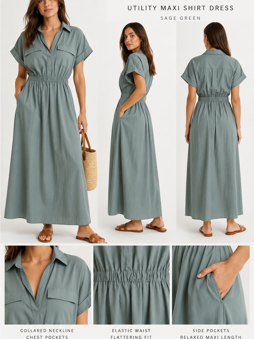 Abercrombie & Fitch Utility Maxi Shirt Dress Sage Green